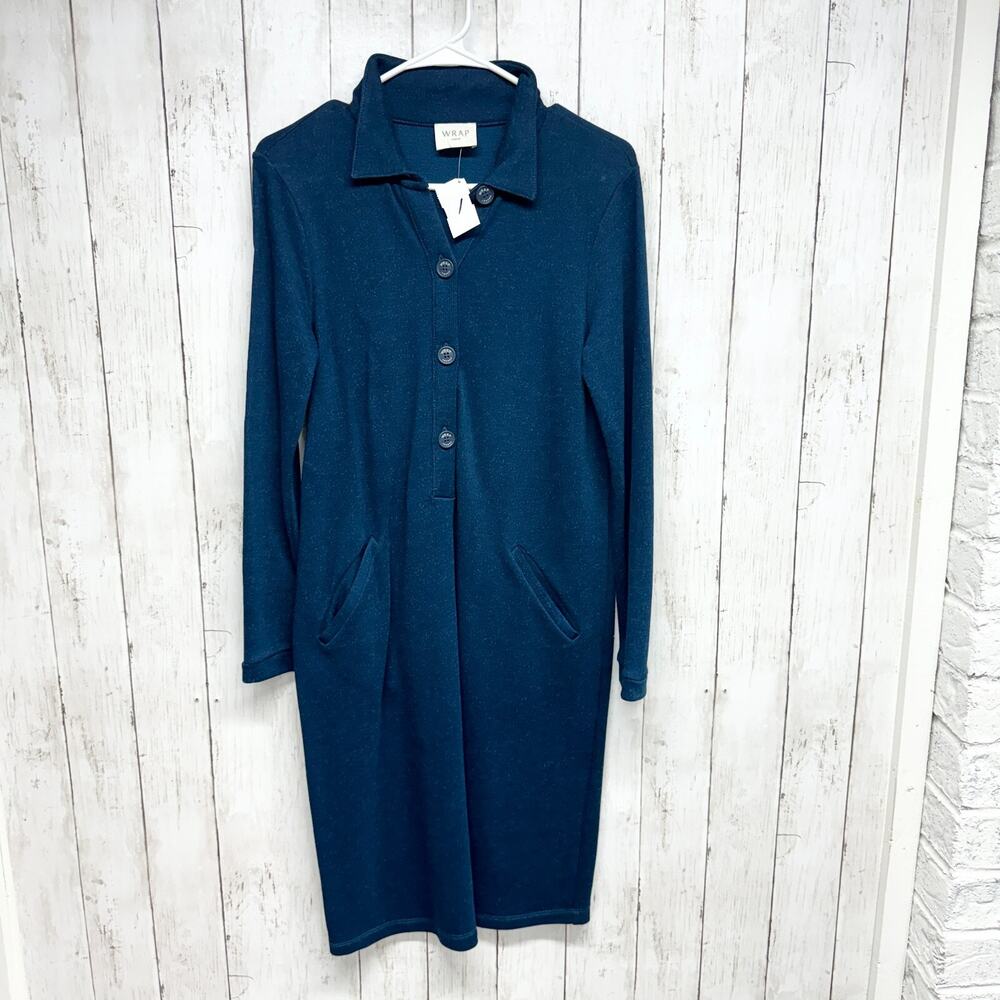 Wrap London Dress Women Size M Half Button Sweatshirt Mini Pocket Petrol Blue